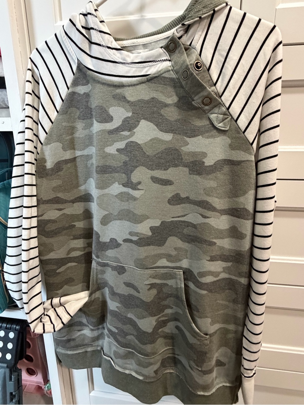 Maurices Green Camo Hoodie with Striped Sleeves